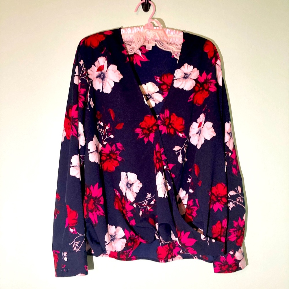 A New Day Floral Faux Wrap Blouse